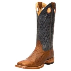 Relentless By Ariat Men's Ariat Relentless Rust Full Quill Ostrich 13in. Steedy Blue Top Cowboy Boot