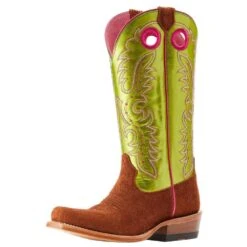 Ariat Women's Futurity Boon Cognac Roughout Electric Lime Patent Top Boot